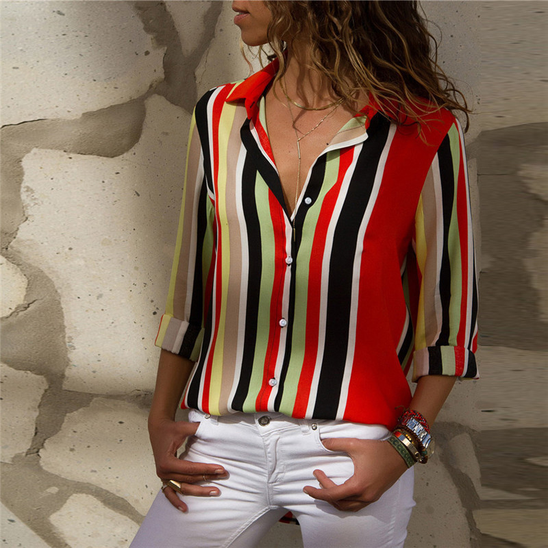 Aachoae Chiffon Blouse Women Long Sleeve Striped Shirt Turn Down Collar Office Shirt Casual Tops Blusas Femininas Plus Size 201130