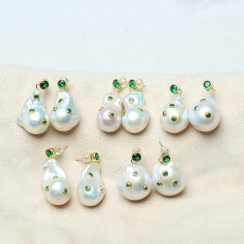 Natural Cultured White Baroque Pearl Green Cz Stud Earrings