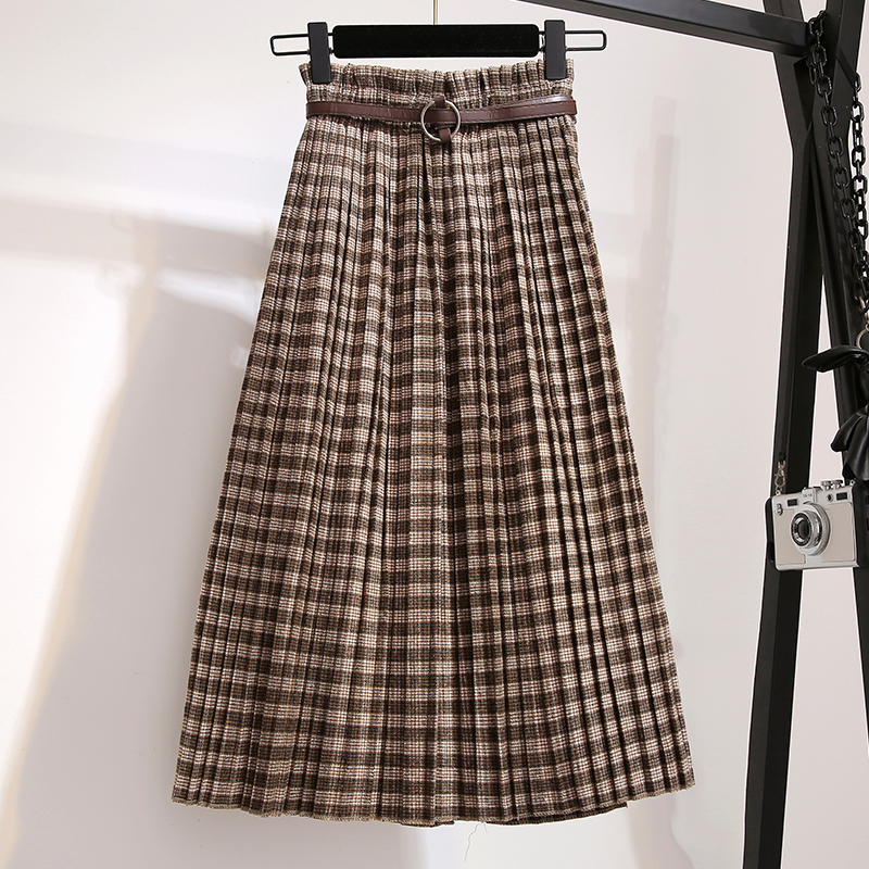 Plus Size 3XL Spring Autumn Women Wool Skirts Plaid Mid Skirts Casual Loose Ladies Office Skirts Elastic Waist Sashes S39 T200324