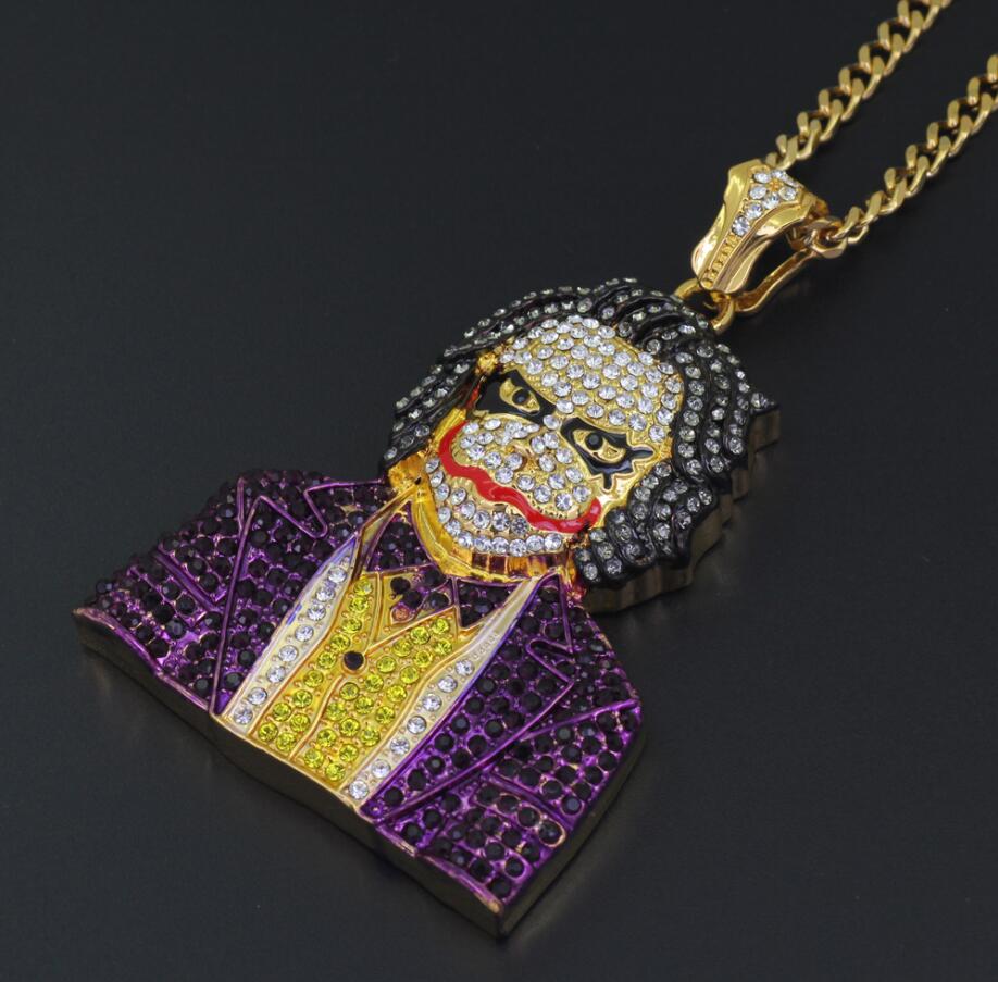 Fashion Iced Out Large Cartoon Clown Cosplay Pendant Mens Hip Hop Necklace Jewelry 76cm Gold Cuban Chain For Men Women Free shipping Free shipping