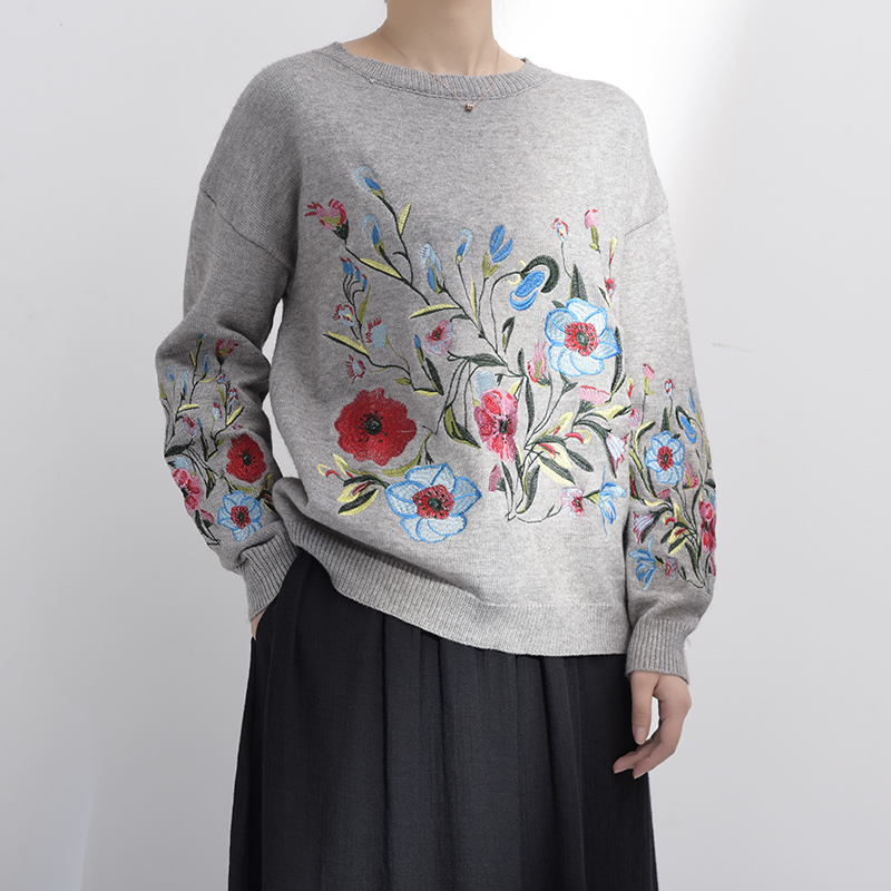 [EAM] Spring Autumn Round Neck Long Sleeve Flower Embroidered Knitting Warm Loose Sweater Pollovers Women Fashion V74702 201017