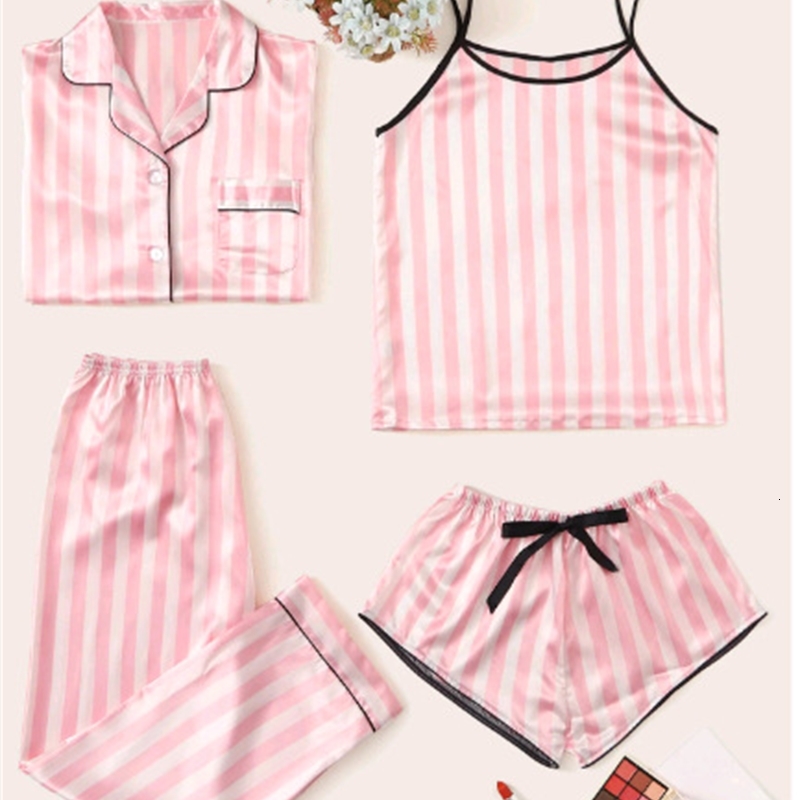 Stripe Women Pajamas 4PCS Sleepwear Casual Soft Nightwear Pijamas Suit Sleep Set Summer Pink Pyjama Satin Shirt&Pant Sets, Black;red
Stripe Women Pajamas 4PCS Sleepwear Casual Soft Nightwear Pijamas Suit Sleep Set Summer Pink Pyjama Satin Shirt&Pant Sets, Black;red