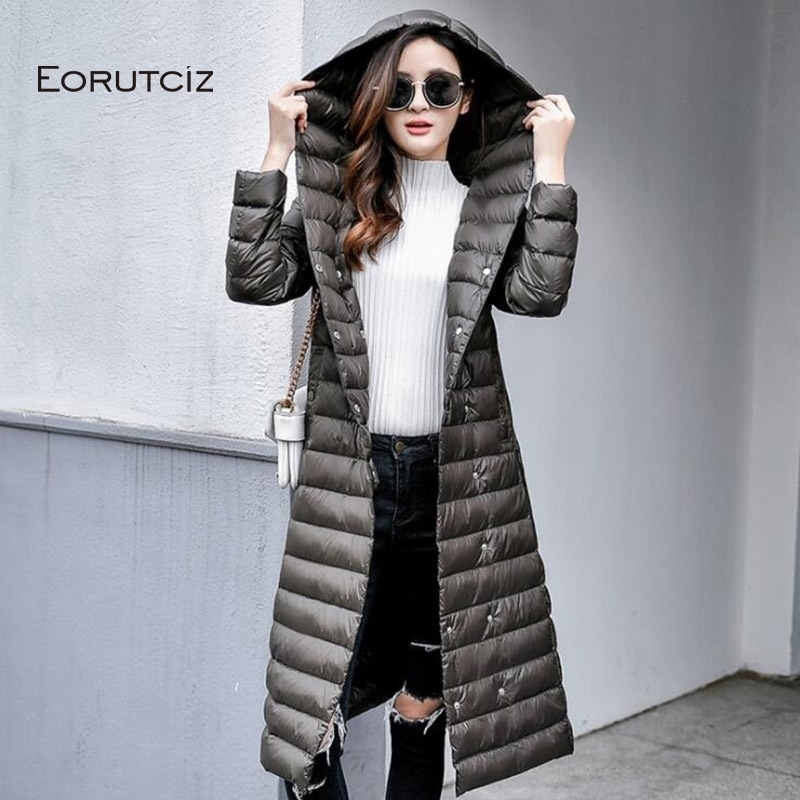 EORUTCIZ Winter Plus Size 4XL Down Coat Women Hooded Ultra Light Long Jacket Slim Vintage Black Autumn Casual Coat LM624 201029