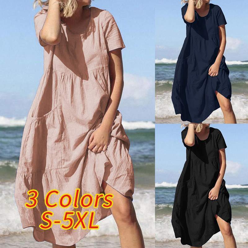 ZANZEA Vintage Casual Midi Dress Women's Sundress Elegant Short Sleeve Tunic Vestidos Female O Neck Cotton Robe Plus Size T200416
