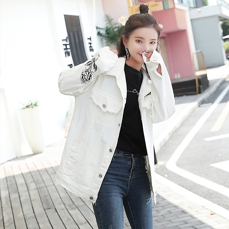 Cotton White Harajuku Doodle Autumn Jacket Coat Casual Letter Floral Print Long Sleeve Denim Couple Tops C07508B 201029