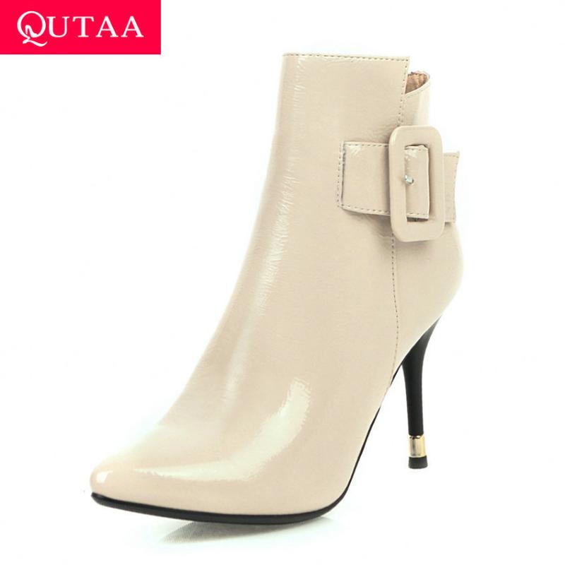 QUTAA 2020 Fashion Pointed Toe PU Patent Leather Ankle Boots Thin High Heel Autumn Winter Buckle Zipper Women Shoes Size 34-42, Black
QUTAA 2020 Fashion Pointed Toe PU Patent Leather Ankle Boots Thin High Heel Autumn Winter Buckle Zipper Women Shoes Size 34-42, Black