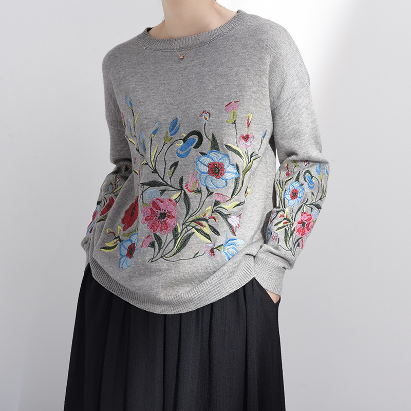 [EAM] Spring Autumn Round Neck Long Sleeve Flower Embroidered Knitting Warm Loose Sweater Pollovers Women Fashion V74702 201017