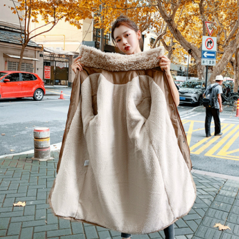 Women Winter Stand Collar Lamb Wool Liner Thicken Long Parka Slim Waist Jacket Full Sleeve Big Pocket Coat Oversized Overcoat 201202