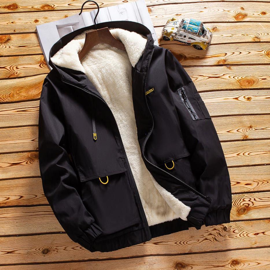 Winter Men Jacket Autumn Thick Hooded Streetwear Jacket Casual Windbreaker Fur Inside Solid Color Big Pockets 201127