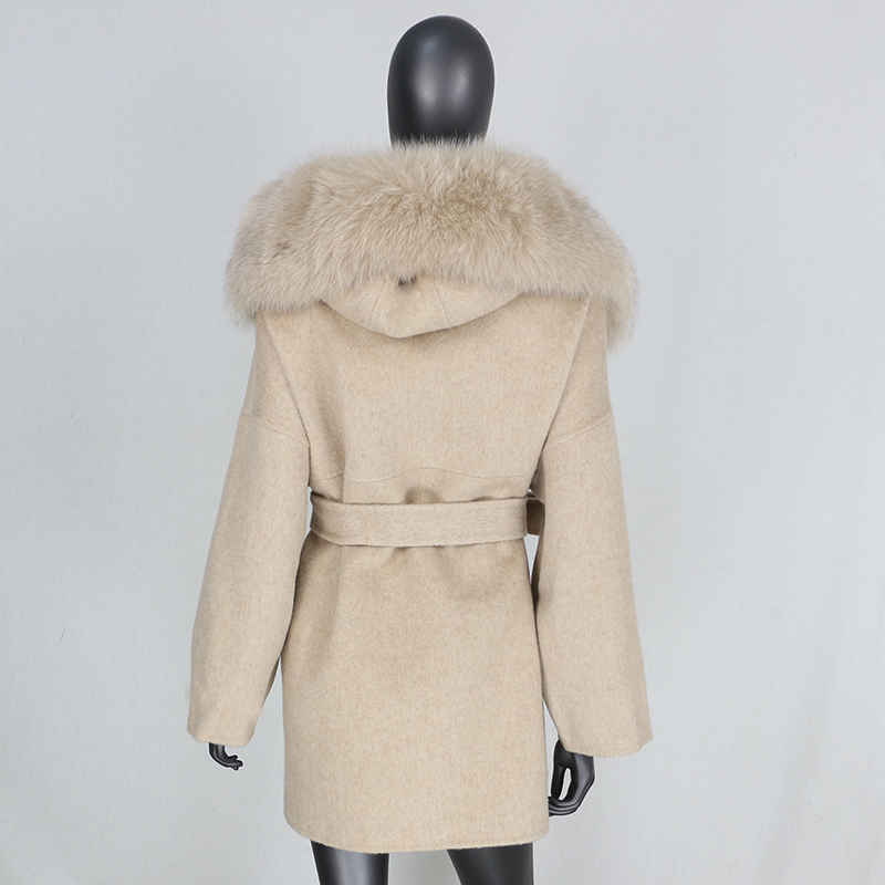 FURBELIEVE Cashmere Wool Blends Real Fur Coat Winter Jacket Women Natural Fox Fur Collar Outerwear Belt Streetwear Oversize 201112
