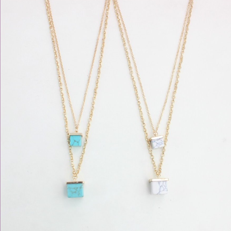 Light Yellow Gold Color Alloy Layer Square White Howlite Stone Pendant Link Chain Necklace Green Turquoises Jewelry 
Light Yellow Gold Color Alloy Layer Square White Howlite Stone Pendant Link Chain Necklace Green Turquoises Jewelry