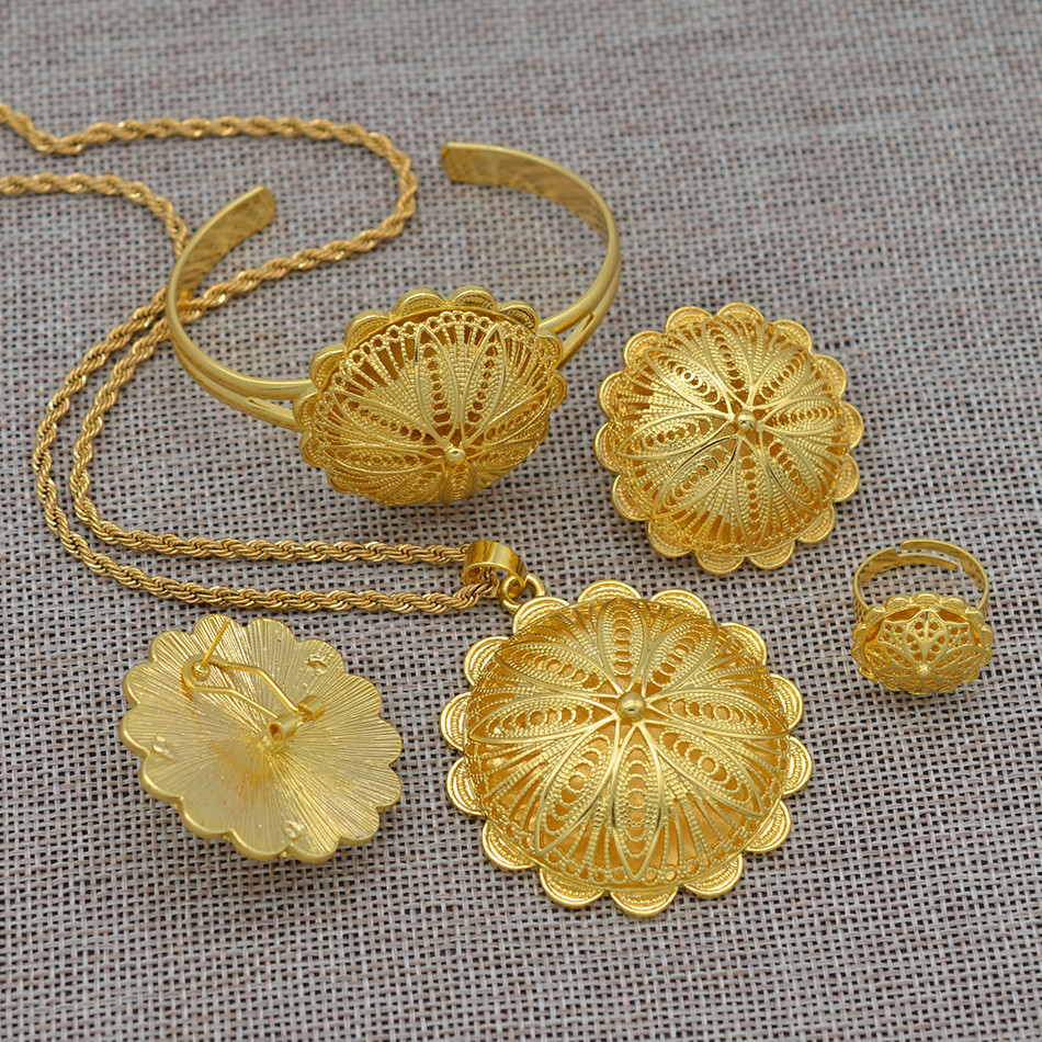 Anniyo Ethiopian Jewelry sets Pendant Necklaces Earrings Ring Bangles for Womens Gold Color Eritrean African Bride Gifts #207506 201222