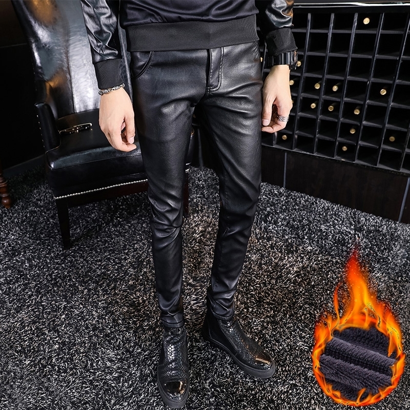 Men Printed Winter Fleece Warm PU Leather Casual Trousers High Quality Long Thicken Elastic Skinny Pencil Pants 201130