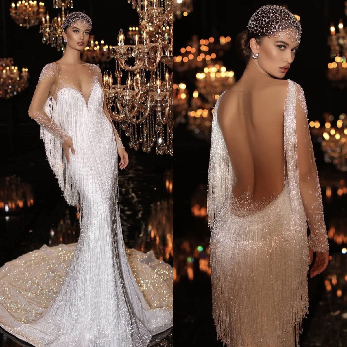 new mermaid wedding dresses sequins beaded tassels sheer long sleeves sexy bridal gowns shiny vestido de novia