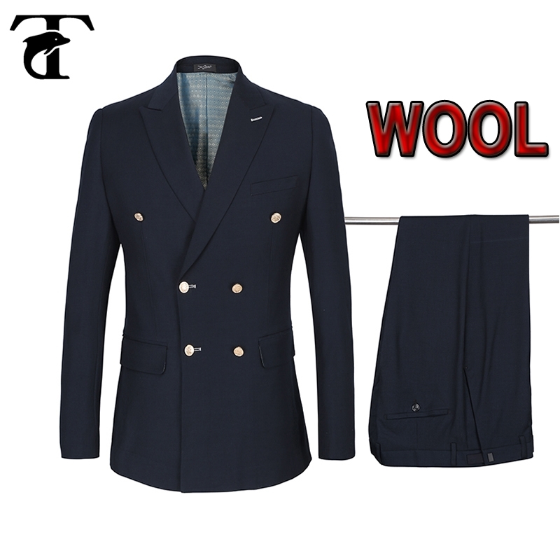 Double-breasted Men Suits Jacket Suit Terno 50% Wool Gold Buttons Costume Homme Blazers+Pants Casual Slim Fit Marriage Set 201105