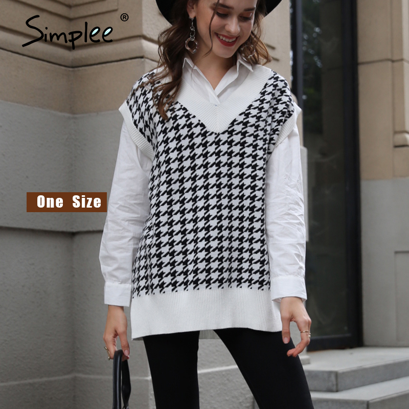 Simplee Fashionable White V-Neck Sweater Winter cosy sleeveless loose women's Pullover High street casual soft sweater NEW 201031