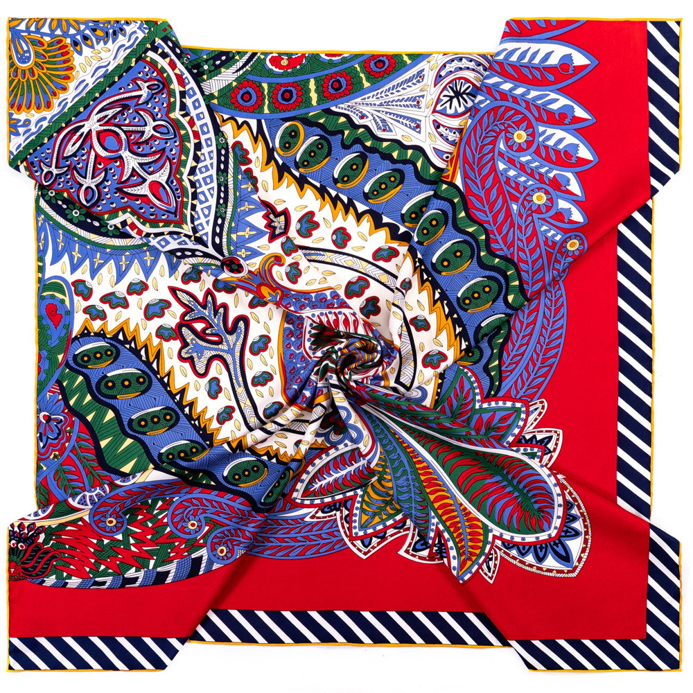 Hand Rolled Edge Head Scarf Shawl 90 Silk Scarf Top Satin Scarfs Paisley Print Neck Foulard Femme Handmade Double-Sided Bandana Classic 90cm