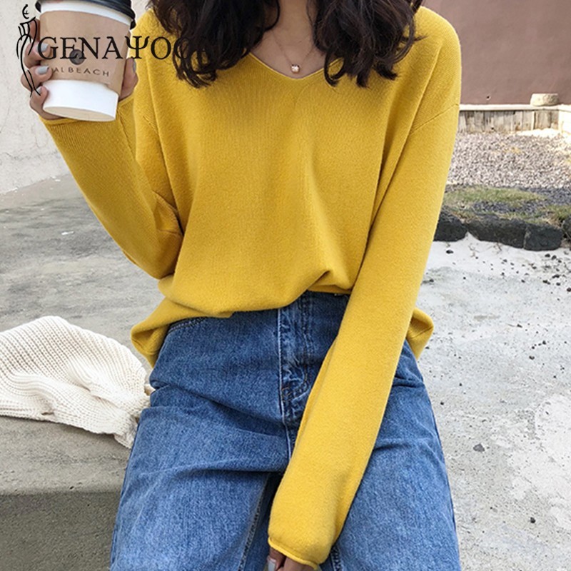 Genayooa Autumn Winter Women Sweater Basic Long Sleeve V Neck Knitted Sweater Women Pullover Loose Jumper Ladies Korean 201222