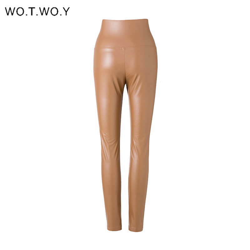 WOTWOY Fleece High Waist Skinny Leather Pants Women Autumn Winter Warm PU Leather Leggings Women Elastic Pencil Trousers Female 201111