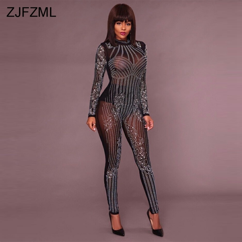 ZJFZML Mesh Patchwork Sexy Skinny Jumpsuit Shiny Rhinestone Black Full Sleeve Romper Elegant O-Neck Perspective Casual Overall T200107
