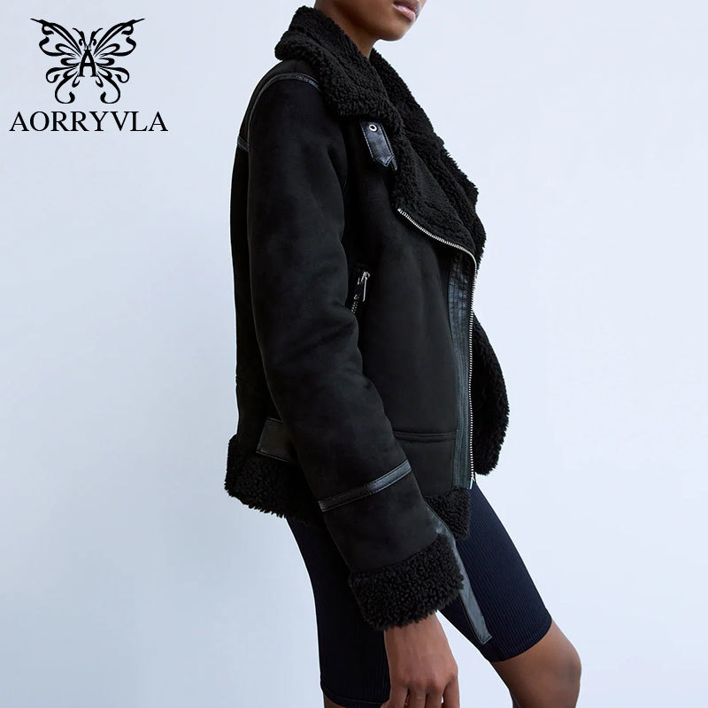 AORRYVLA New Fashion Suede Sheepskin Coat For Women Winter Full Sleeve Turn Down Collar Faux Leather Lambswool Biker Jacket 201030