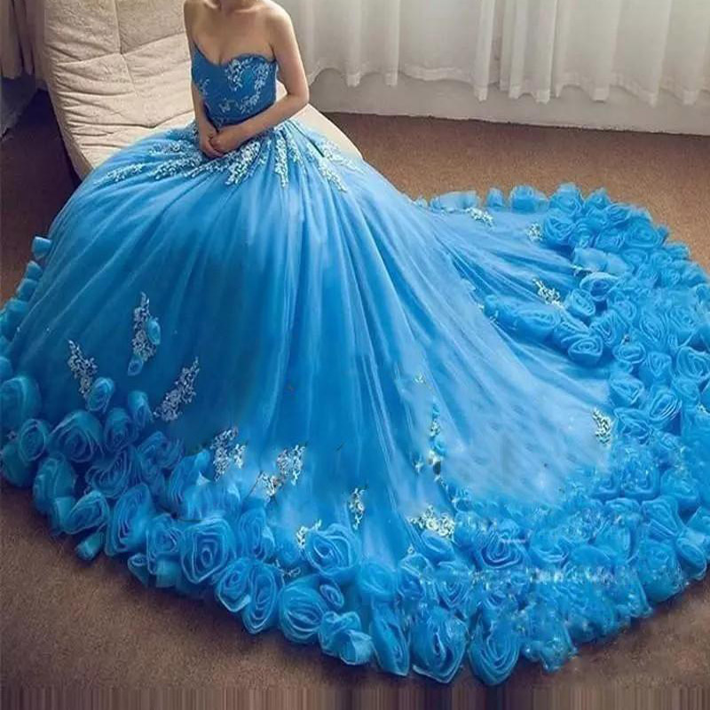 Blue Sweetheart Tulle Quinceanera Dresses Lace Applique 3D Hand Made Flower Ball Gown Sweet 15 Dresse Princess Patty Wear