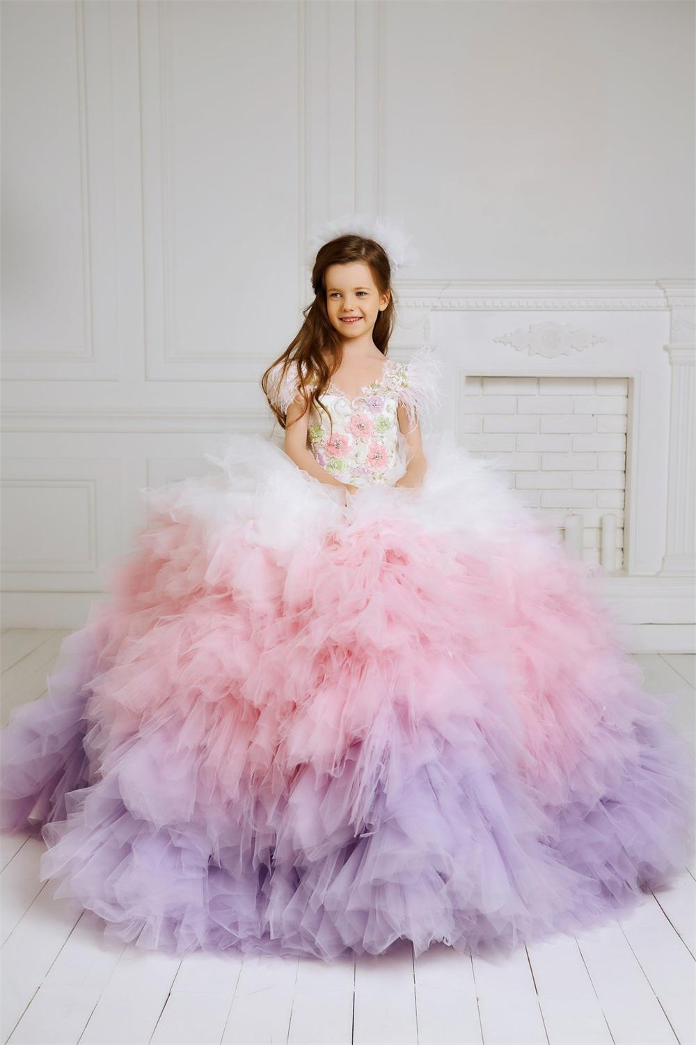 Colorful Tiered Cupcakes Little Girl Pageant Dresses Feather Sleeve Tutu Tulle Skirt Beauty Prom Pageant Dress First holy Communion Gowns Brithday Par
