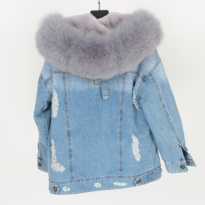 Maomaokong natural rabbit fur lined denim jacket fox fur coat coat fashion denim fox fur warm lady winter jacket women parka Y201006