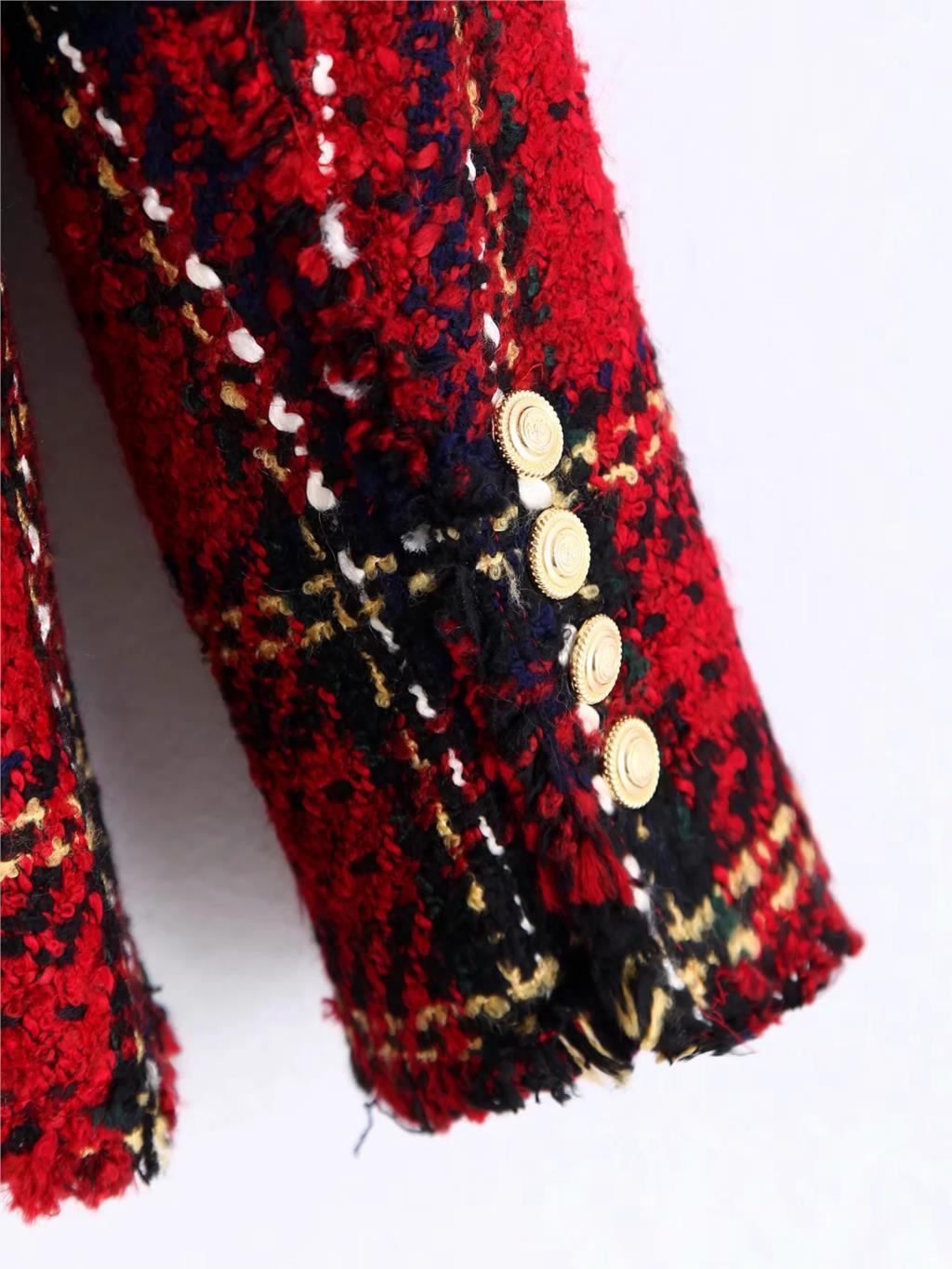 Vintage Double Breasted Tweed Blazer Women Notched Collar Long Sleeve Plaid blazer coat spring casual office suit jacket 201102