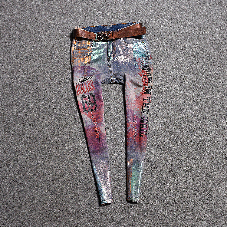 LUCKY STAR 3D Appliques pattern Painted Jeans Momen Straight Elegant Style Ripped Vintage Pattern Skinny Jeans D237 201029