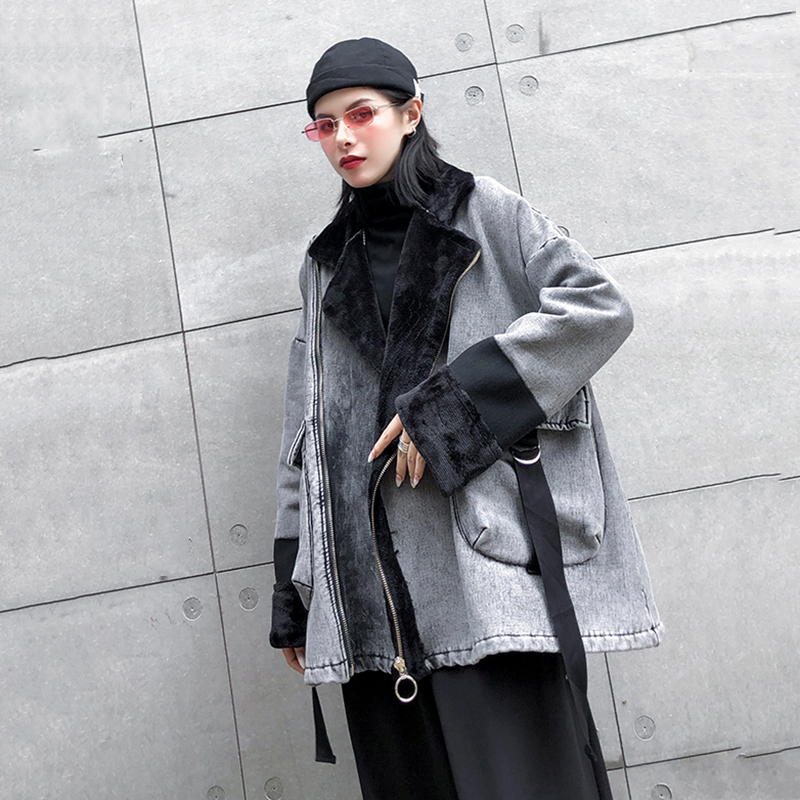 EAM Loose Fit Gray Denim With Velet Big Size Jacket Lapel Long Sleeve Women Coat Fashion Autumn Winter 1DC386 201029
