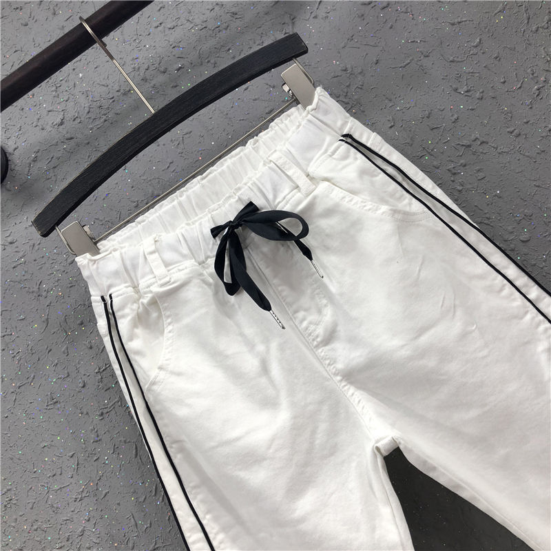 Spring Ankle-length Women Pants Plus Size Cotton Denim Loose Side stripe Harem Pants Elastic Waist Casual White Pants D329 201111