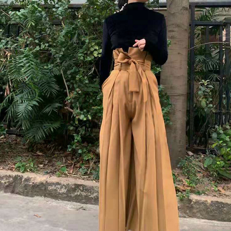 [EAM] High Waist Yellow Long Pleated Split Wide Leg Trousers New Loose Fit Pants Women Fashion Tide Spring Autumn 1M646 201031