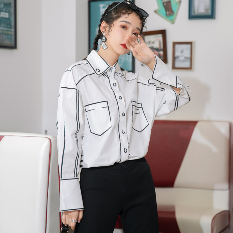 LANMREM autumn Graffiti print white shirt famale long sleeve new streetwear singlebreasted fashion top 2A300 201201