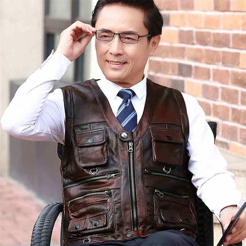 Cowhide Genuine Leather Vest Men Brown Waistcoat Male Sleeveless Jacket Thick High Quality Motorcycle Vest Multi Pocket Zipper 201216