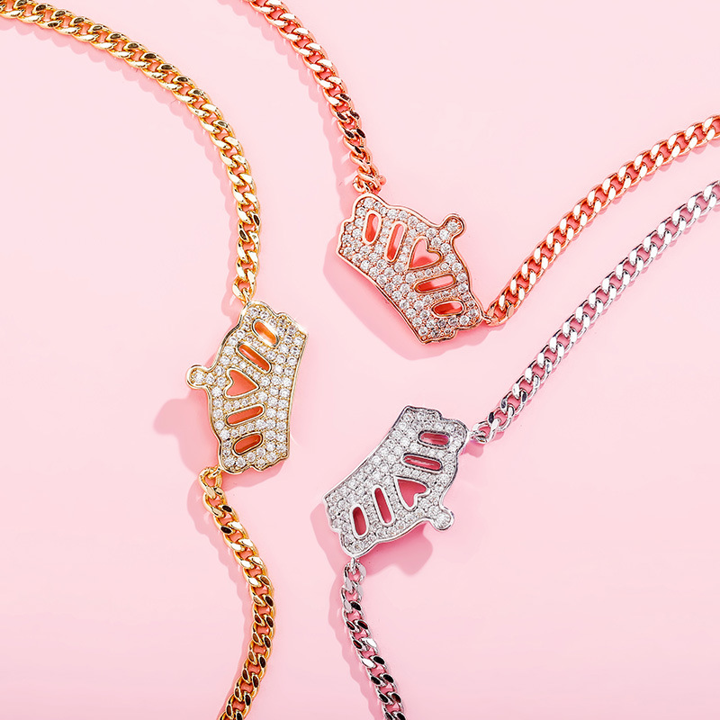 Iced Out Crown Choker Necklaces for Women 18K Real Gold New Fashion Hip Hop Prong Settting AAA CZ Stone Crystal Cubic Zirconia Bling Jewelry Gold Silv