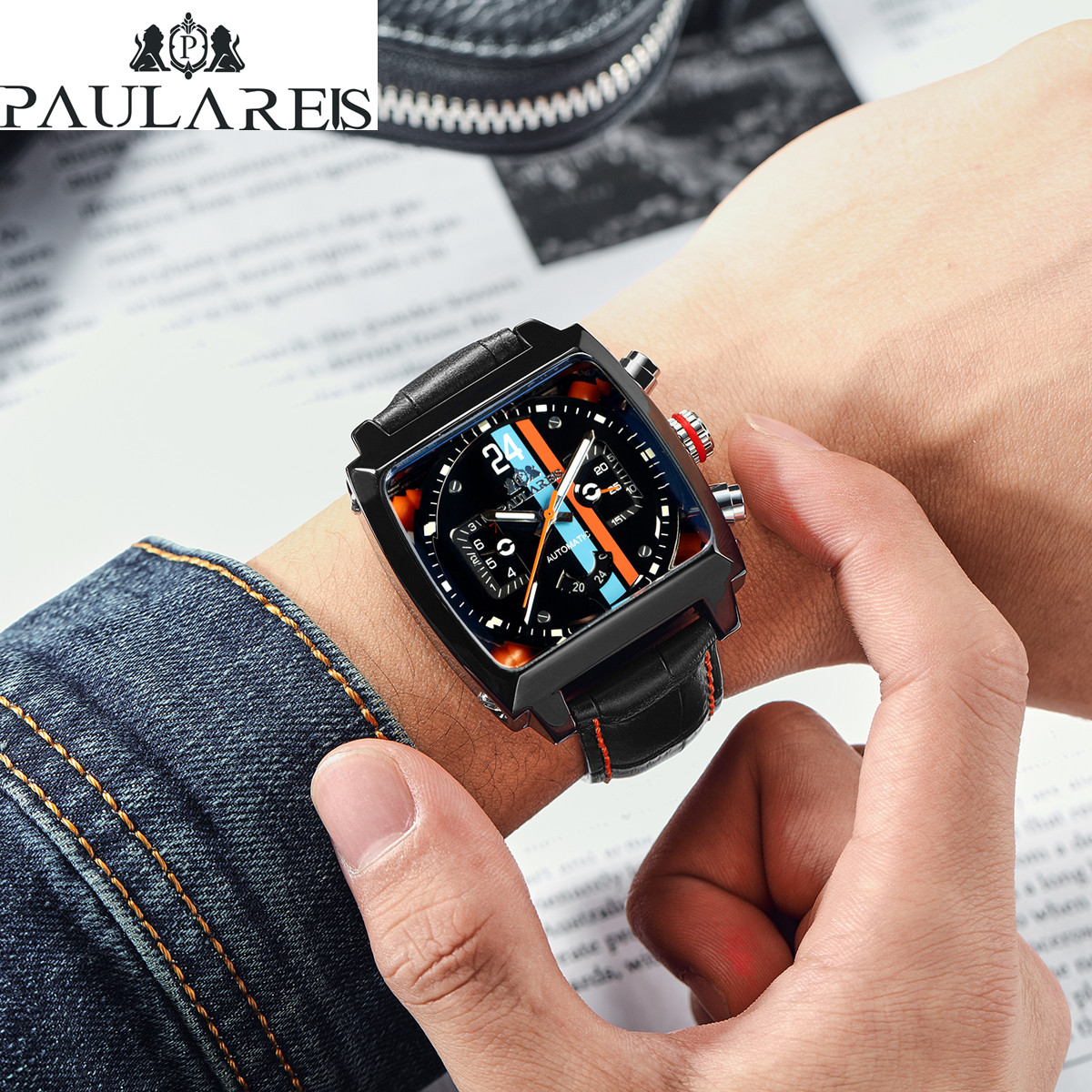Automatic Self Wind Mechanical Genuine Leather Stainless Steel Black Orange Blue Casual Perspective See Through Men Watch 201218