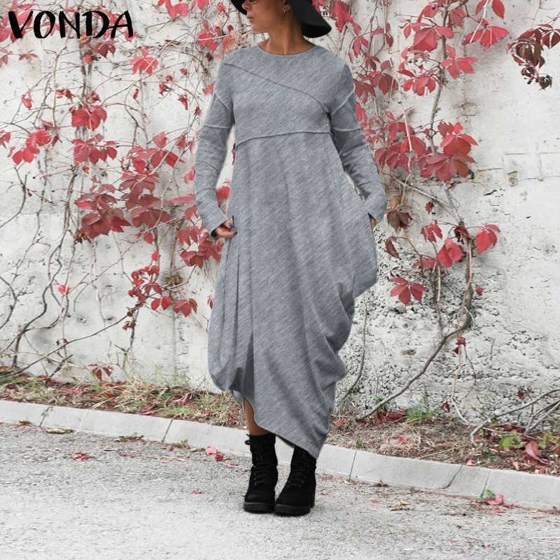 Asymmetrical Maxi Dress Women's Sundress Autumn Winter VONDA Pleated Long Sleeve Vestidos Female Robe Femme Oversized S-5XL 201008