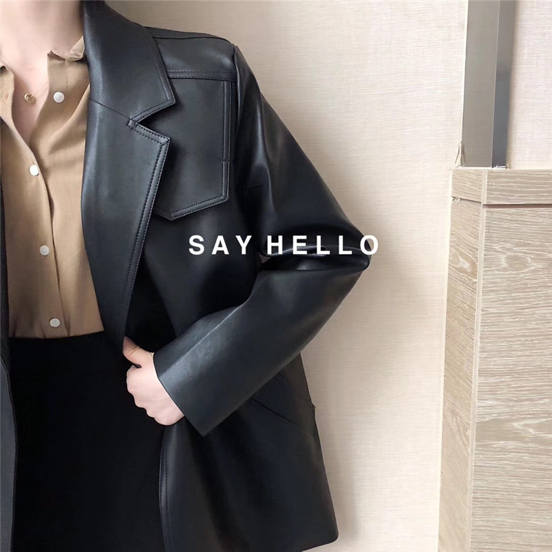 Nerazzurri Loose pu faux leather blazer women fall with belt long sleeve Black oversized leather jacket women 5xl 6xl 7xl 201020