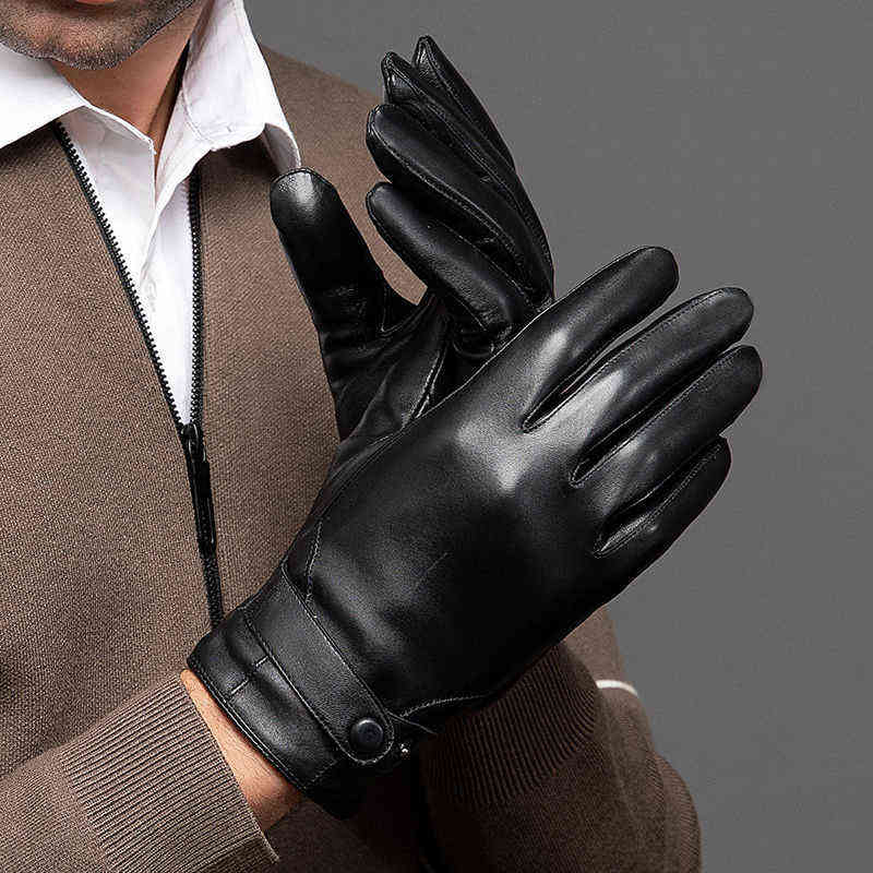Autumn Men Business Sheepskin Leather Gloves Winter Full Finger Touch Screen Black Gloves Riding Motorcycle Gloves NR196 211224
