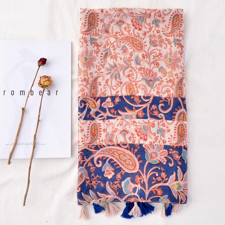 Scarves OUOI 2021 Autumn And Winter Retro Ethnic Pink Print Scarf Travel Sunscreen Shawl Beach Towel Head Cotton