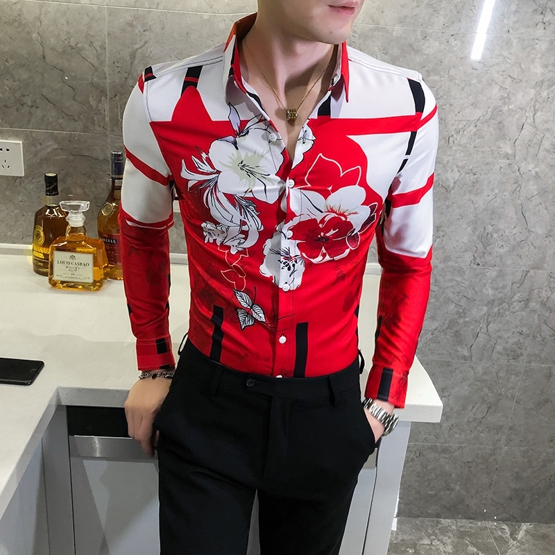 High Quality Floral Shirts for Men Clothing Korean Slim Fit Men Casual Shirts Long Sleeve Streetwear/Night Club/Prom Tuxedo 201120