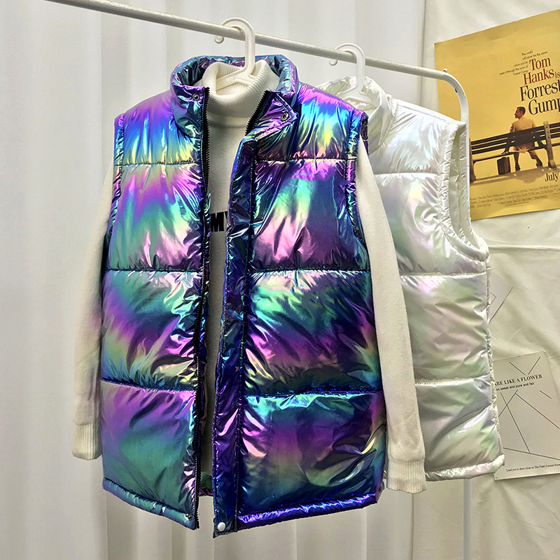 New Winter Thick Vest Men Doudoune Gilet Colorful Luminous Fabric Warm Padded Waistcoat Sleeveless Jacket Coat Blue White 201216