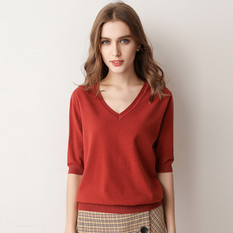Ladies Spring Summer Women Sweaters Pullovers Solid V Neck Half Sleeve Knitted Jumper Thin Soft Slim Casual Sweater Tops Female 201225