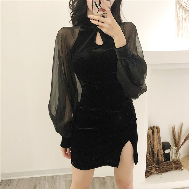Joinyouth Autumn Winter Women Dress Robe Mesh Patchwork Lantern Sleeve Slim Lady Mini Dresses Stand Neck Split Vestidos 56798 201029