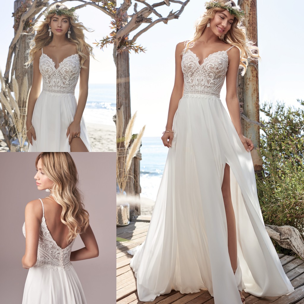 Beach Attractive Lace Backless Wedding Dresses Beaded V Neck A E Side Split Bridal Gowns Chiffon Sweep Train Robe De Mari E