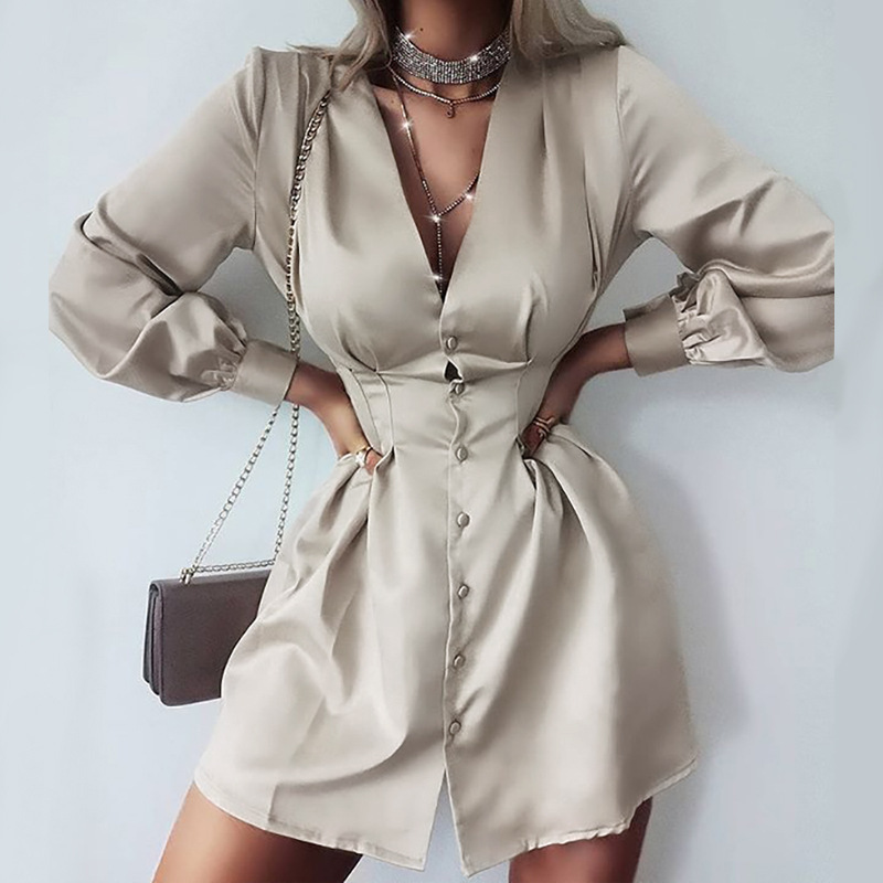 Sexy Deep V Neck Women Shirt Dress Elegant Solid Office Lady Buttons Mini Dress Spring Autumn Long Sleeve Party Dress Vestido XL T200416