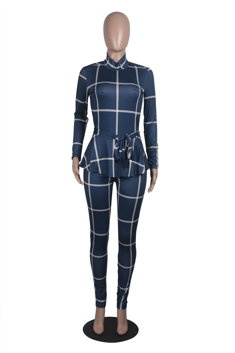 Plaid Print Bodycon Jumpsuit Women Turtleneck Long Sleeve Peplum One Piece Overalls Skinny Party Casual Romper Catsuit Sashes T200107