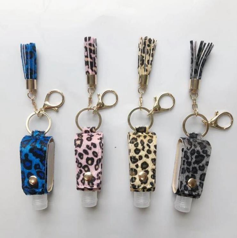 Leopard Sanitizer Keychain PU Leather Sanitizer Bottle Holder Tassels Keychain Plastic Travel Bottle Carrier Container Girl Gift 4 Style6206