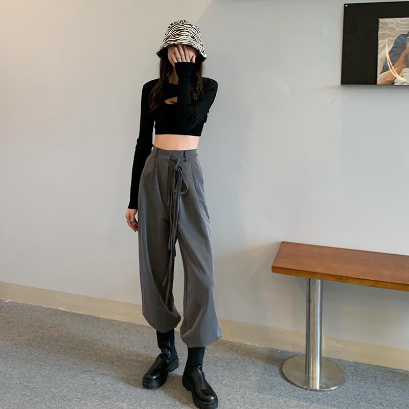 small han edition of tall waist chalaza design model of loose straight mop suit casual pants, Gray
small han edition of tall waist chalaza design model of loose straight mop suit casual pants, Gray